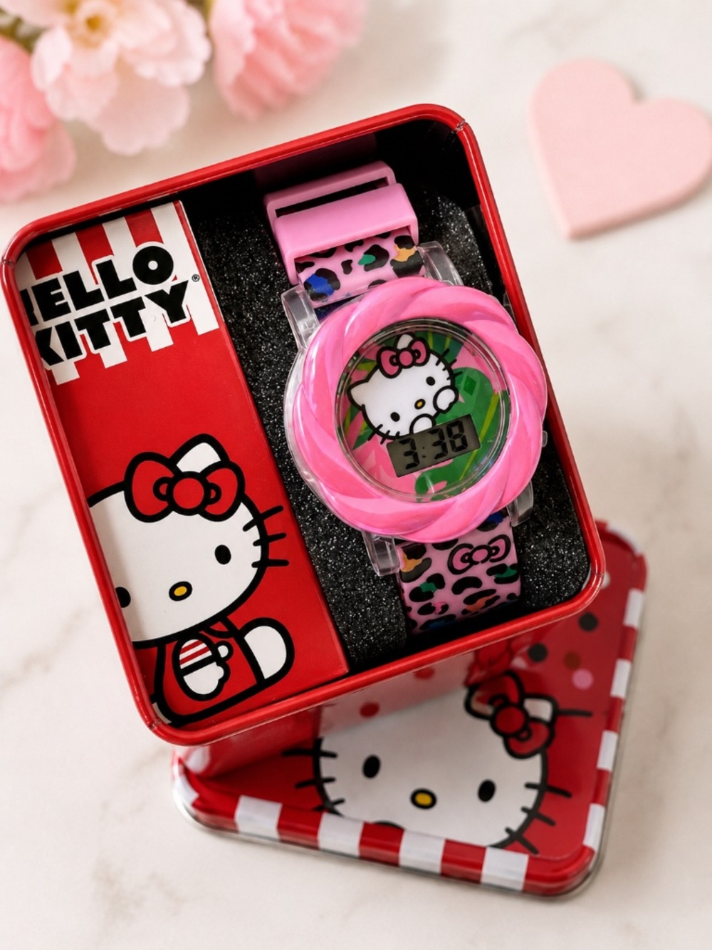 NWT Sanrio Hello Kitty Digital LCD Watch Pink Leopard Animal Print in Tin Box